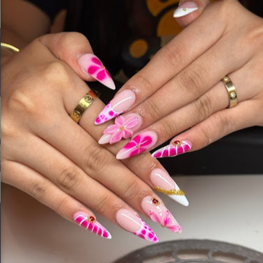 Hot pink nails with 3D floral nail art and gold accents by Five Star Nails