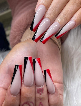Coffin-shaped nails with bold red and black French tip designs by Five Star Nails