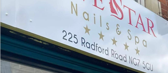 Five Star Nails & Spa storefront sign at 225 Radford Road, Nottingham